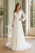White Halter A-Line Chiffon Floor-length Wedding Dress With Open Back and Lace Bodice and Open Back