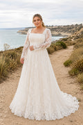 Plus Size Ivory Square Neck Long Illusion Sleeve Lace Tulle A-Line Wedding Dress with Square Bodice and Lace Sweep Train fron