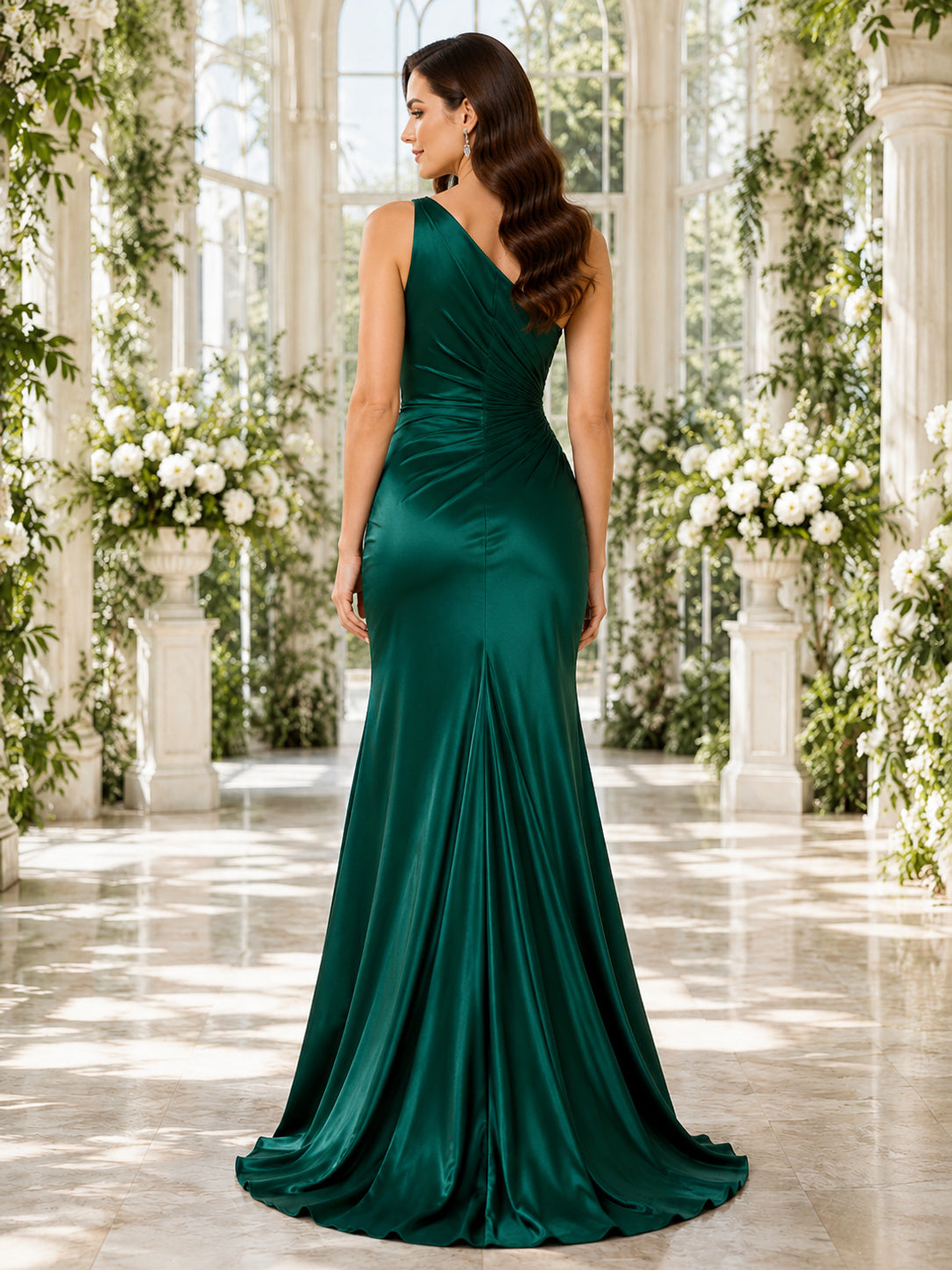 Emerald one shoulder ruched satin mermaid floor length bridesmaid gown back view