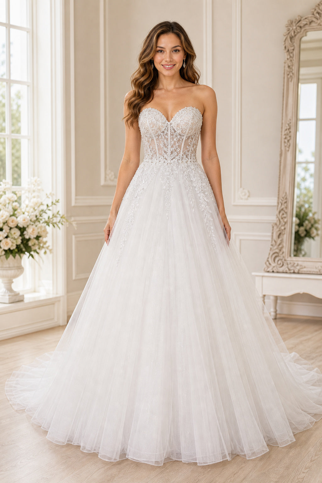 Champagne Sweetheart Ball Gown Tulle Floor-length Wedding Dress With Lace and Appliques and Lace-up Back
