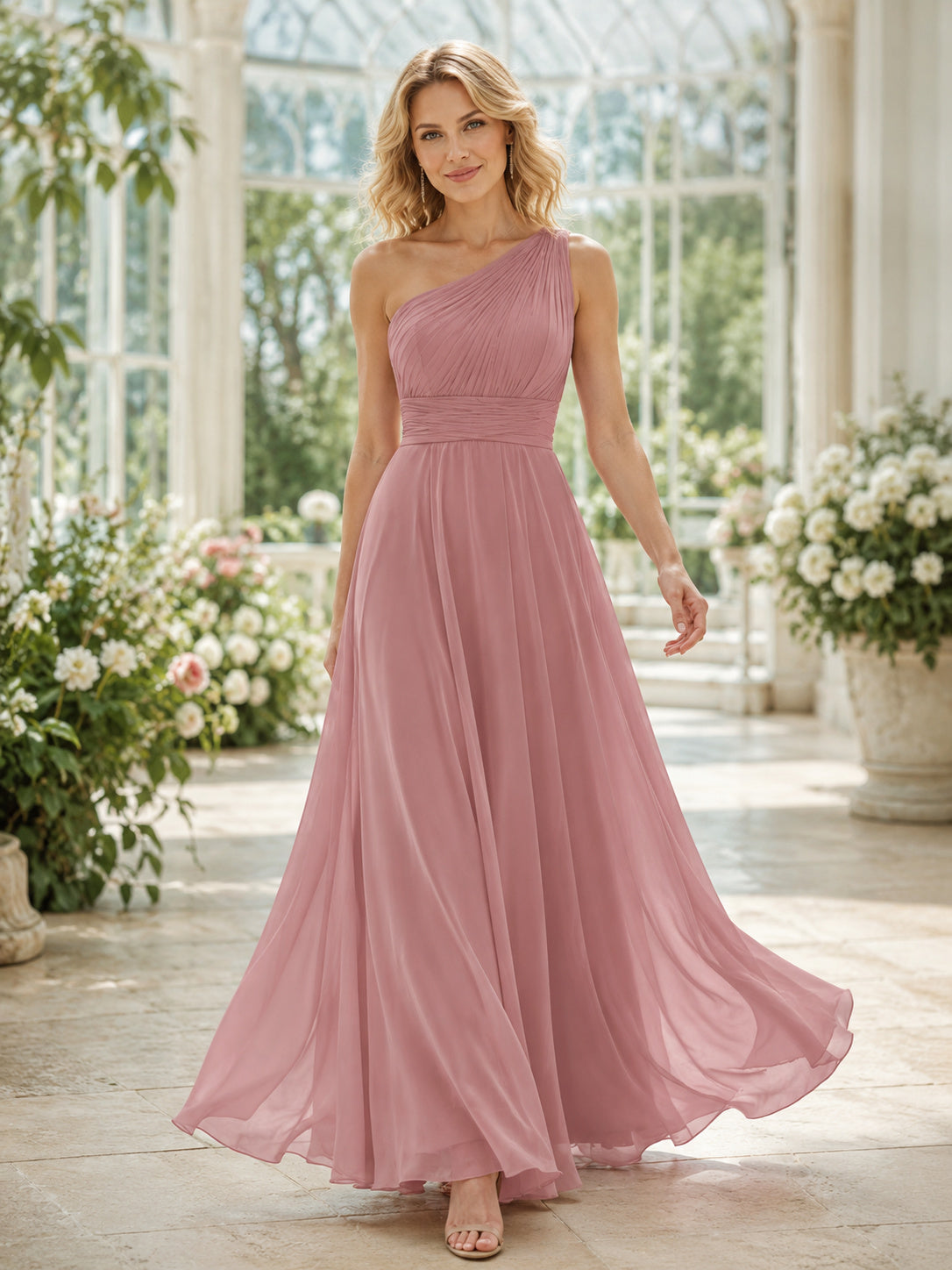 Dusty Rose One Shoulder Chiffon A Line Formal Dress Style 340988 front view