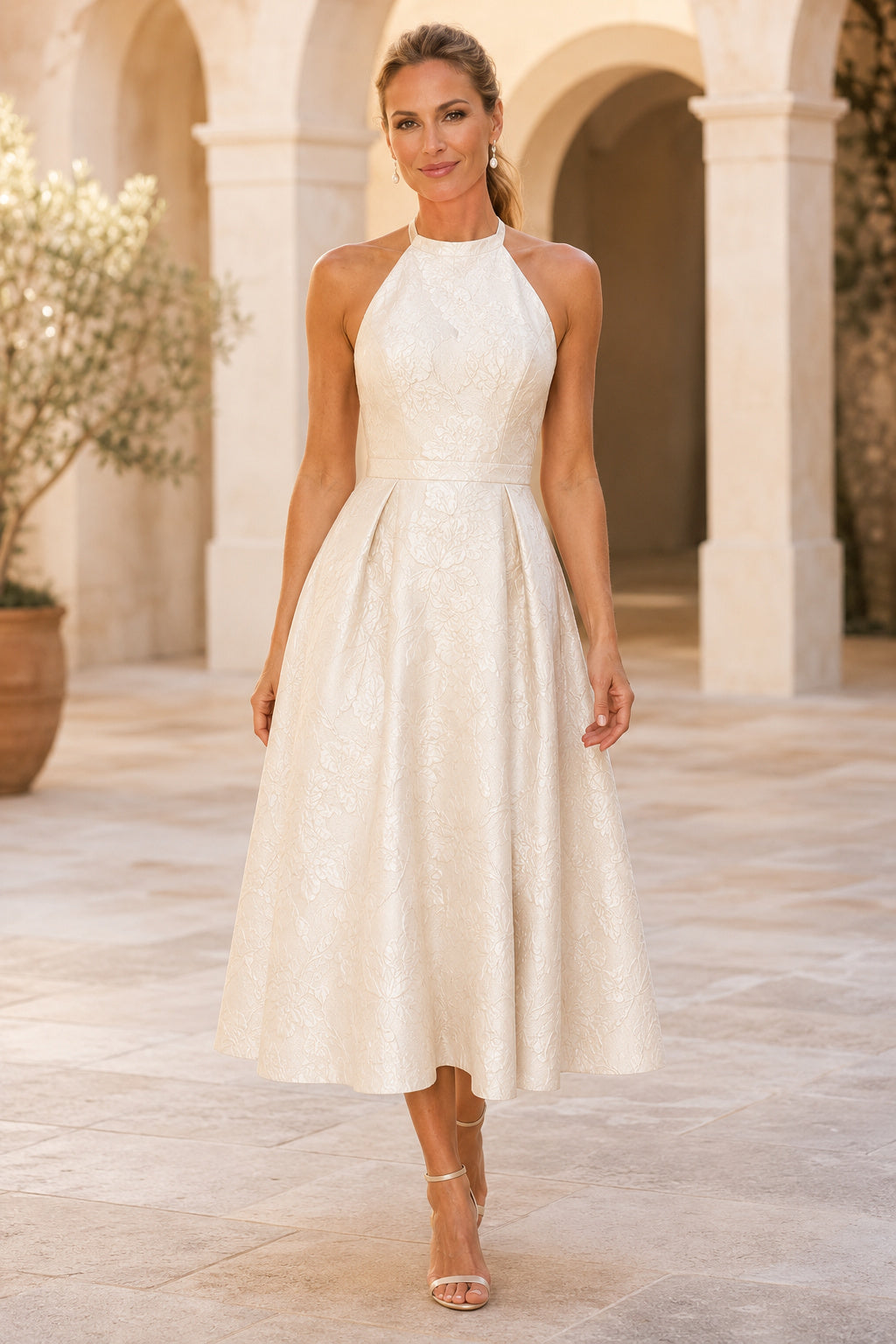 Halter Satin Tea-Length Wedding Dress with A-Line Skirt front view