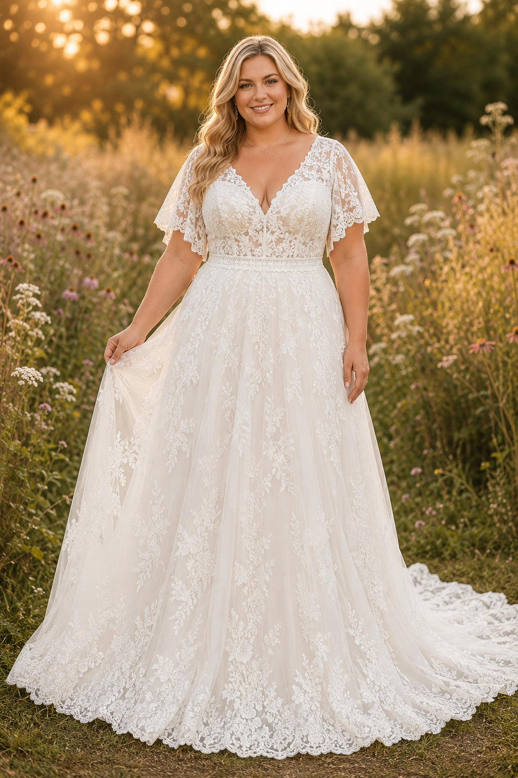 Plus Size Ivory V-Neck Flutter Sleeve Lace Tulle A-Line Wedding Dress with Flutter Sleeves and Lace Chapel Train front view