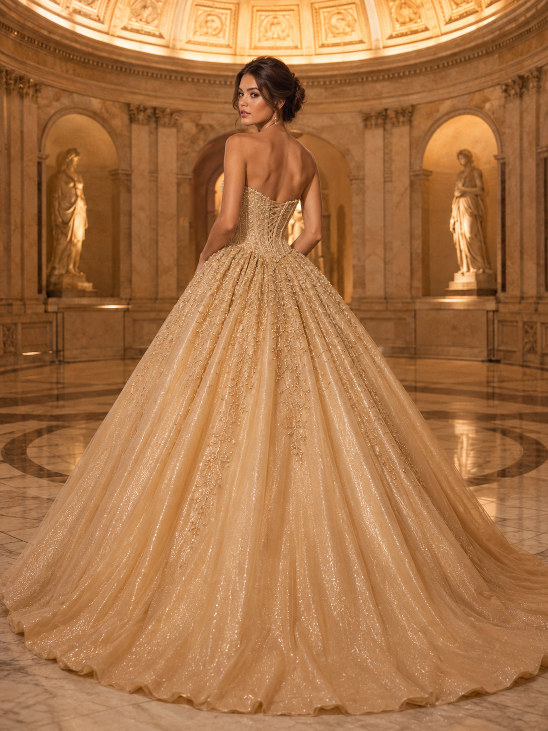 Gold Museum Hall Strapless Sweetheart Full Glitter Quinceanera Princess Editorial Sweep Train Gown back view