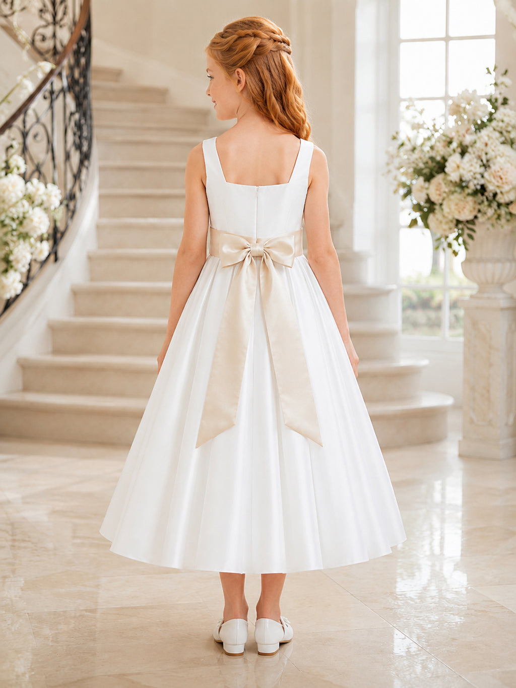 A-Line Champagne Satin Flower Girl Dress Straps Neckline Tea-length and A Satin Sash And Bow Accent back view