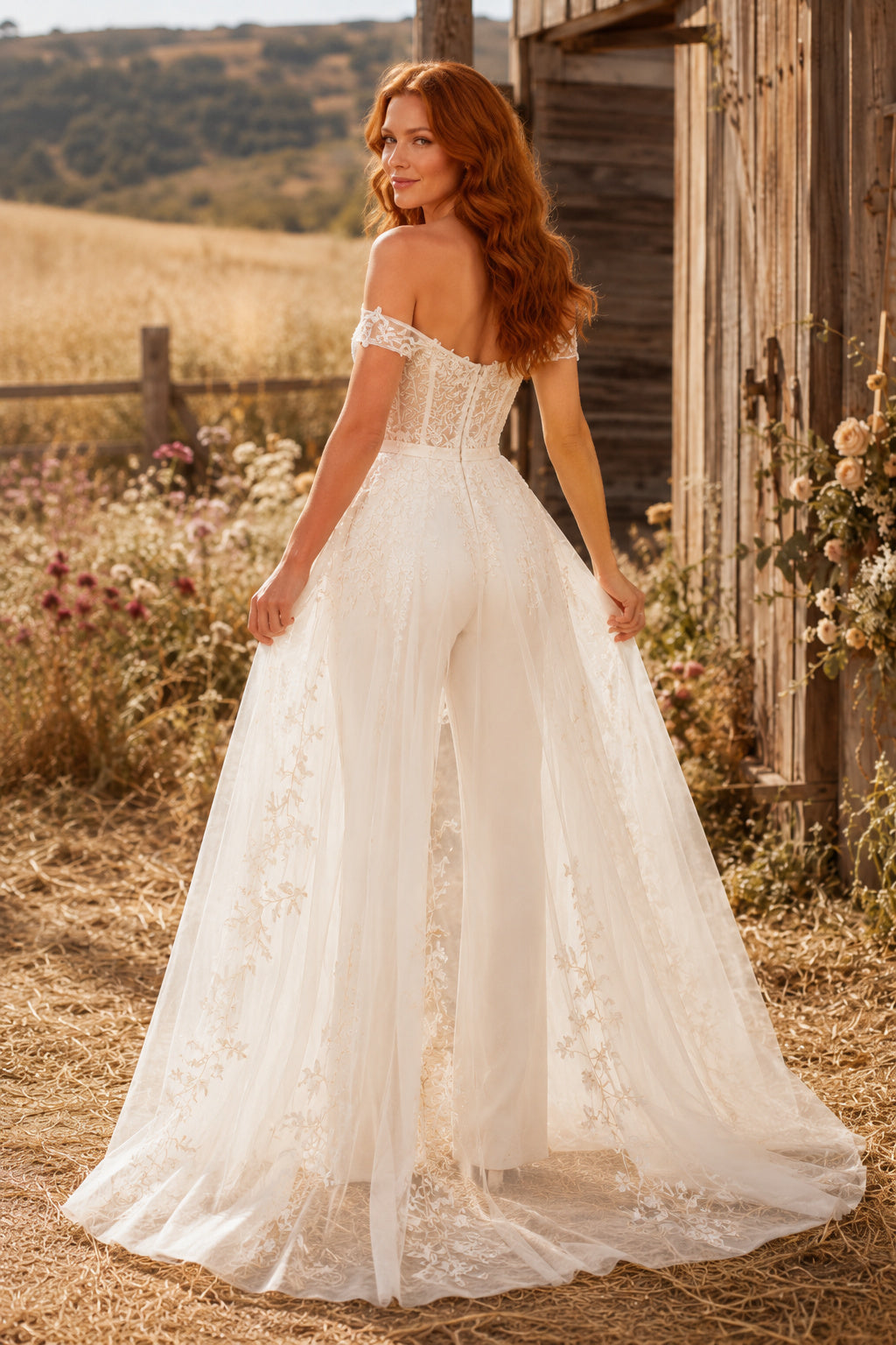 Ivory Off-the-Shoulder Lace Bridal Jumpsuit with Split Tulle Overskirt back view