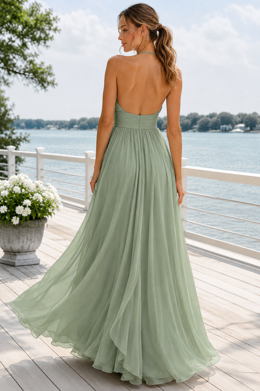 Sage Halter Chiffon A-Line Bridesmaid Dress with Ruched Waist and Front Slit back view