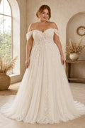 Plus Size Ivory Off-the-Shoulder Lace A-Line Wedding Dress with Chapel Train Style 721076 front view