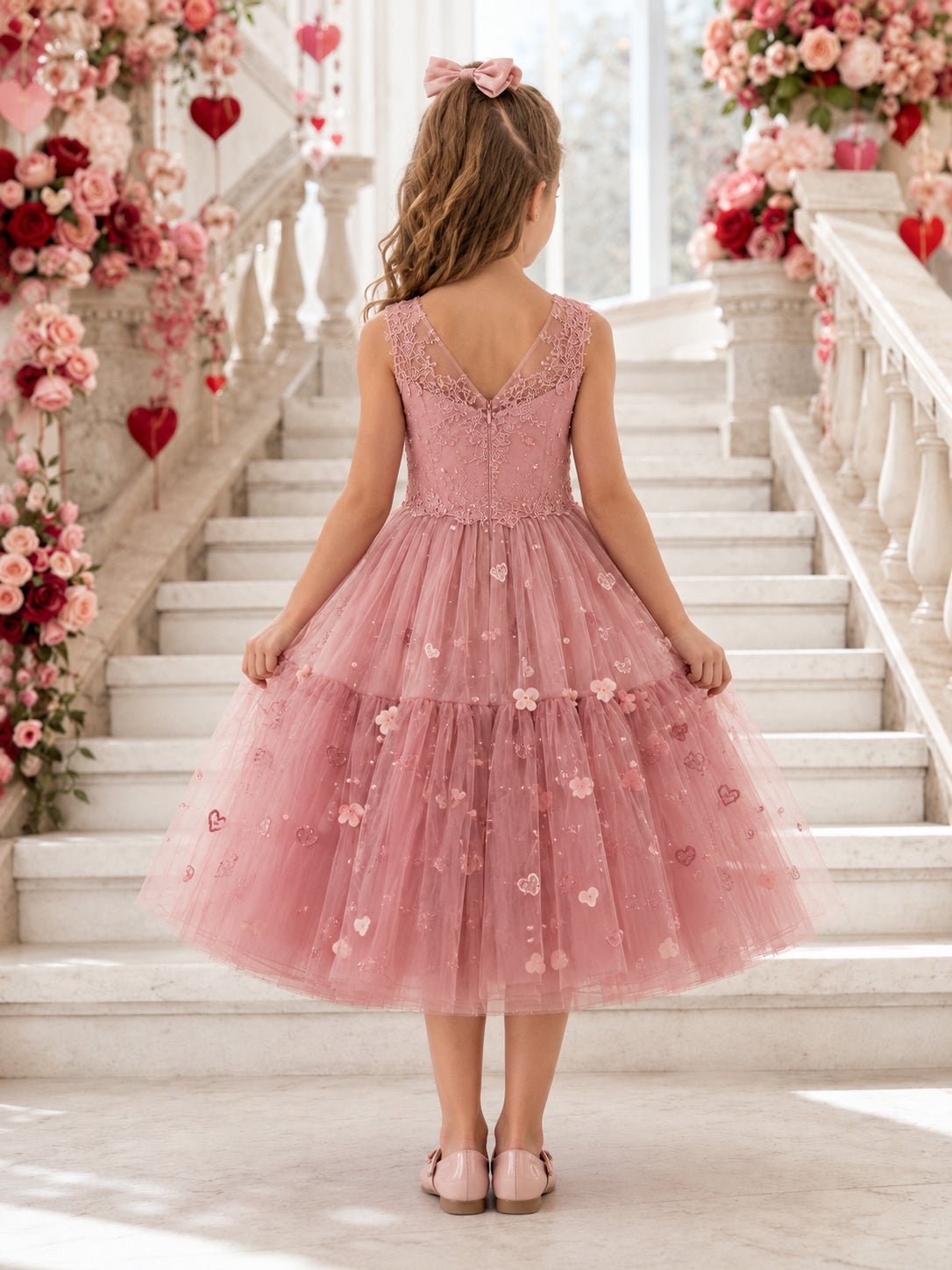 Romantic Luxury Flower Girl Dress Jewel Neck Sleeveless Dusty Rose Tiered Tulle Tea Length back view
