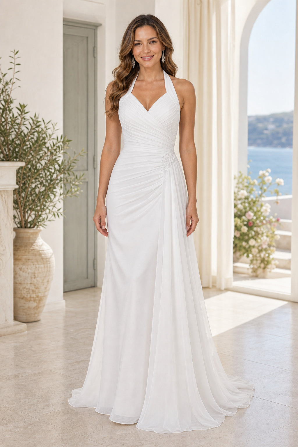 White Halter Sheath Chiffon Floor-length Wedding Dress With Pleats and Train and Open Back
