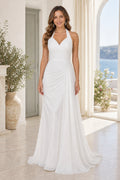 White Halter Sheath Chiffon Floor-length Wedding Dress With Pleats and Train and Open Back