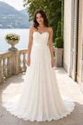 White Illusion Long Sleeves A-Line Crepe Floor-length Wedding Dress With Open Back and Lace Bodice Lace Hem Detail