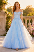 Sky Blue Off Shoulder Tulle Ball Gown with Sweetheart Bodice front view