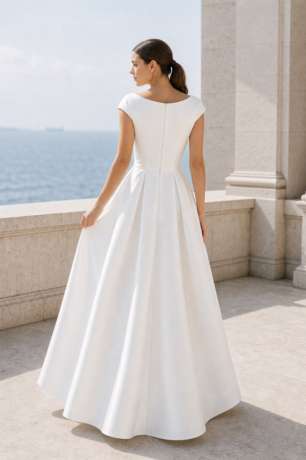 White V-neck Flutter Sleeves A-Line Crepe Floor-length Wedding Dress With Layered Skirt and Beaded Bodice and Open Back