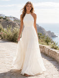Beach Tulle Wedding Dress A-Line Halter Sleeveless Sweep Train Bridal Gown front view
