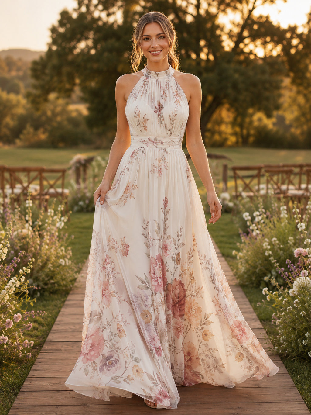 Halter Floral Print Chiffon Outdoor Summer Wedding Gown front view
