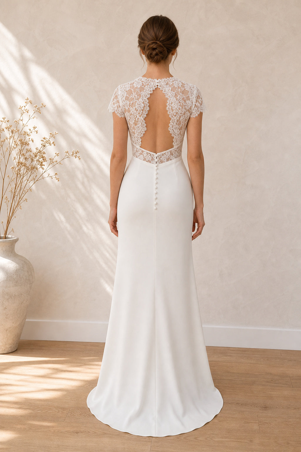White V-neck Cap Sleeves Sheath Crepe, Lace Floor-length Wedding Dress With Lace and Beaded Waist