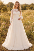 Ivory Boho High Neck A-Line Soft Tulle Wedding Dress with Long Puff Sleeves and Sweep Train Style MG_701347 front view