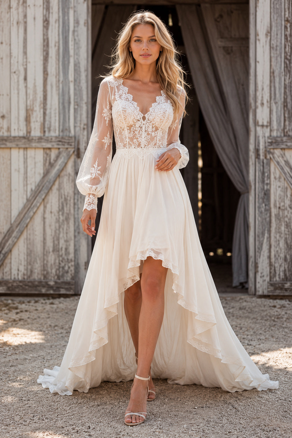 Long Sleeve V-Neck High Low A-Line Wedding Dress with Lace Bodice and Train for Rustic Garden Ceremony front view