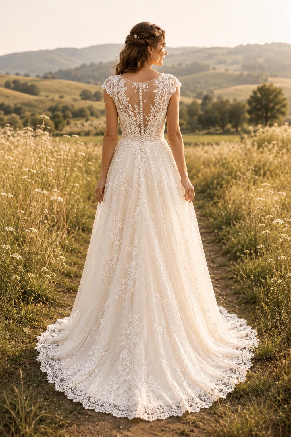 Ivory Cap Sleeve V-Neck Lace Tulle A-Line Wedding Dress Train for Wedding Ceremony and Reception back view