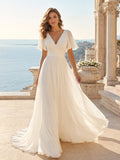 Beach Chiffon Wedding Dress A-Line V-Neck Flutter Sleeve Sweep Train Low V Back Bridal Gown front view