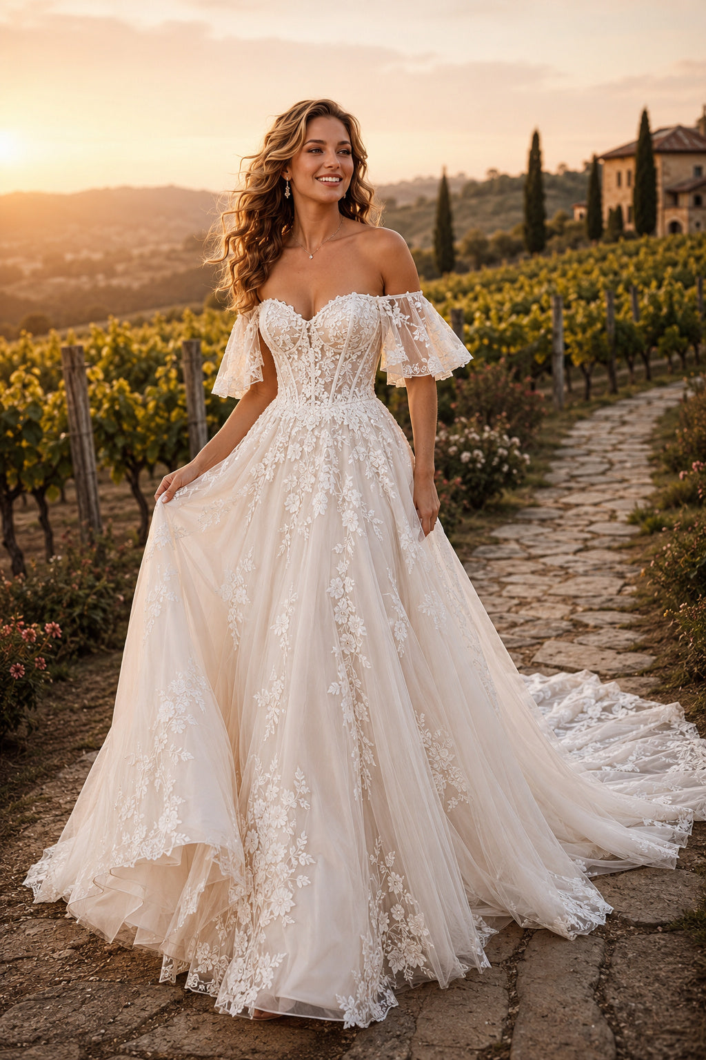 Off the Shoulder Ruffle Sleeve A-Line Wedding Dress with Lace Appliques and Train front view