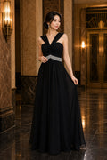 Black V-neck Sleeveless A-Line Chiffon Floor-Length Dress With Beaded Waist