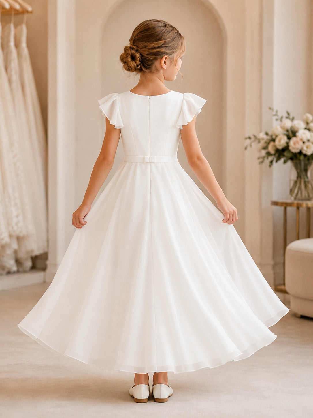 Ivory Sleek Modern Bow Back A-Line Flower Girl Dress with Flutter Sleeves, V-neck Neck and Floor-Length Skirt back view