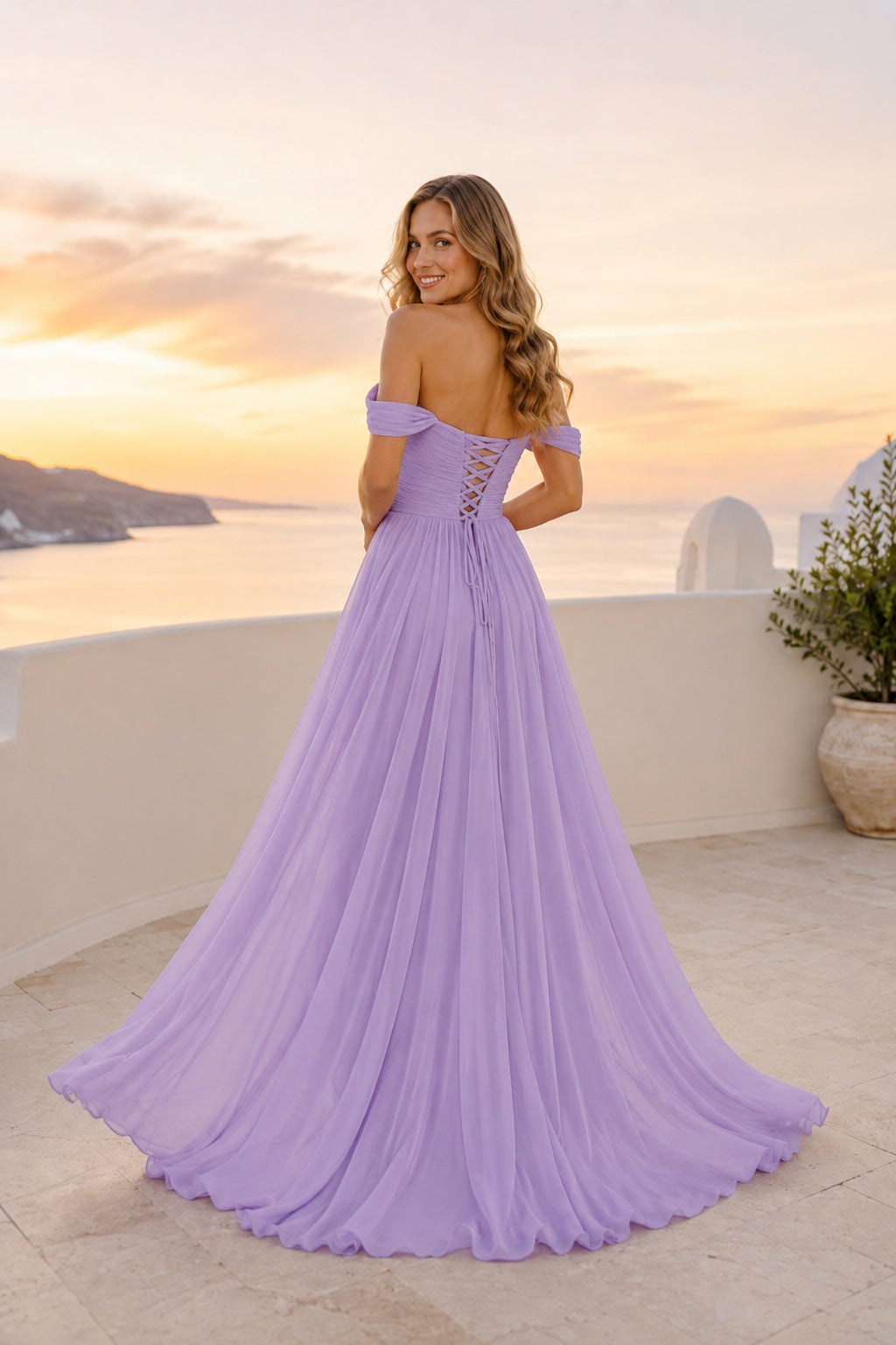 Lavender Off the Shoulder Lavender Chiffon A Line Dress with Slit Floor Length A Line Bridesmaid Dress back view