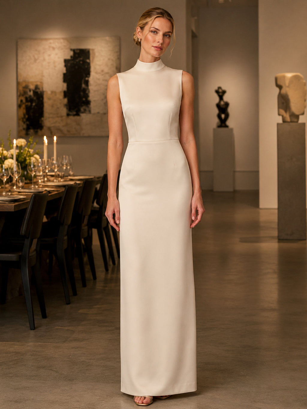 Ivory High Neck Sleeveless Minimal Column Gallery Dinner Gown front view