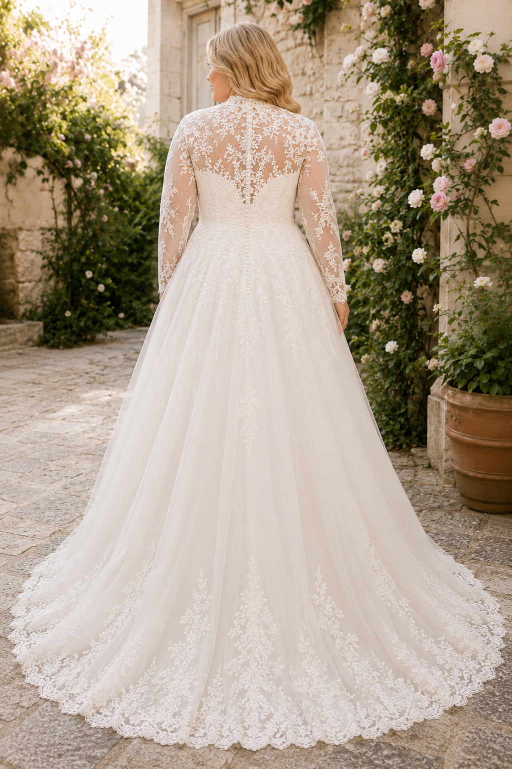 Plus Size Ivory High Neck Long Illusion Sleeve Lace Tulle A-Line Wedding Dress with High Lace Neckline and Chapel Train back