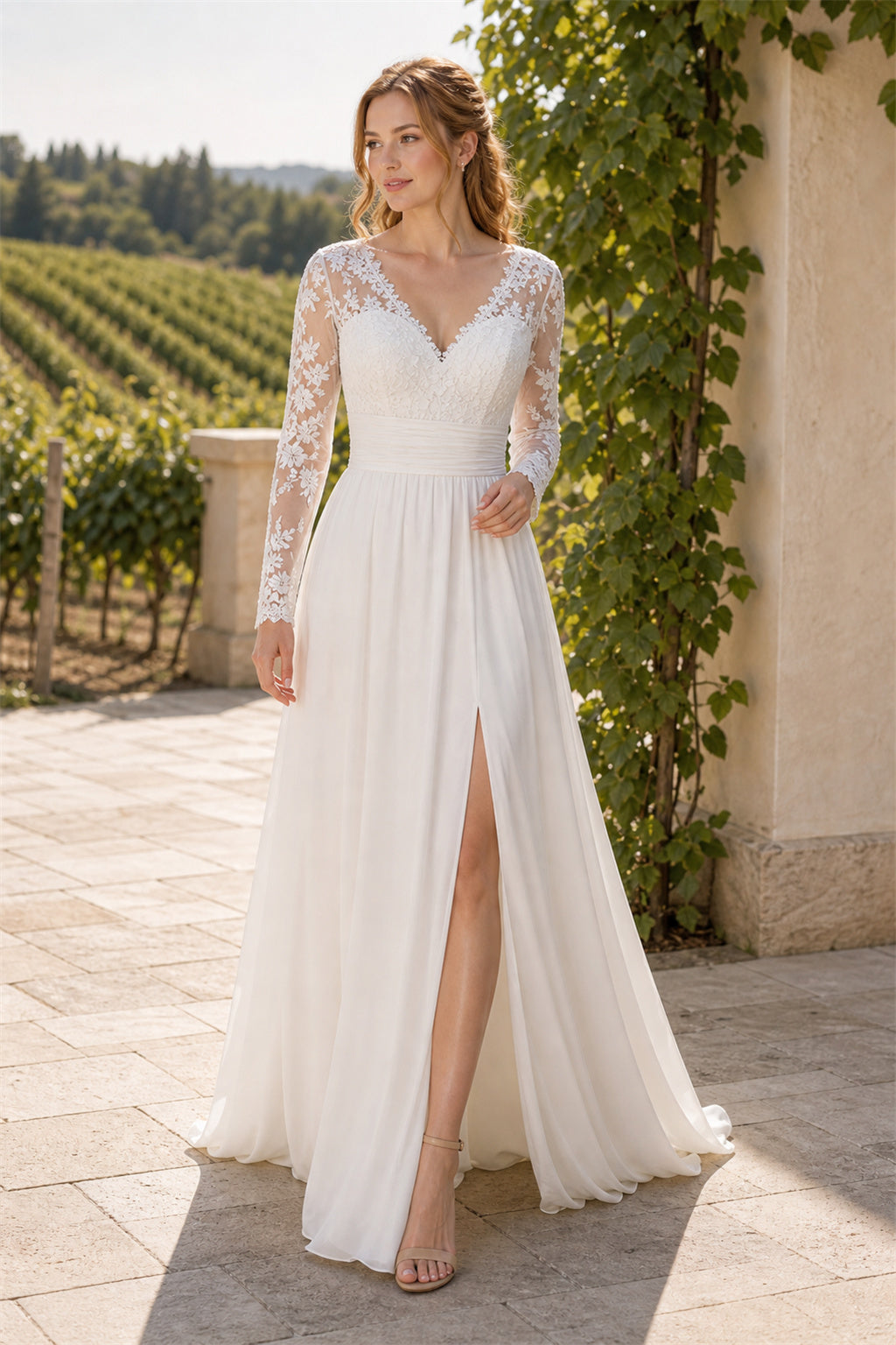 Ivory Off-the-shoulder Mermaid Crepe, Lace Floor-length Wedding Dress With Lace and Front Slit and Open Back Lace Hem Detail