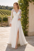 Ivory Off-the-shoulder Mermaid Crepe, Lace Floor-length Wedding Dress With Lace and Front Slit and Open Back Lace Hem Detail