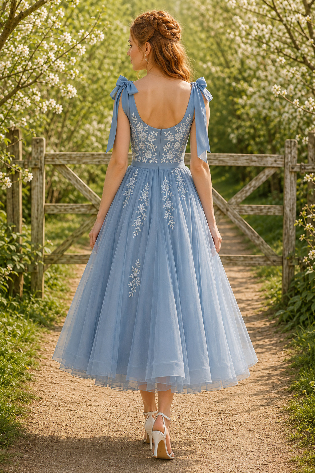 Sky Blue Shoulder Bow Strap Lace Bodice with Tulle Skirt Tea Length A-Line Prom Dress back view