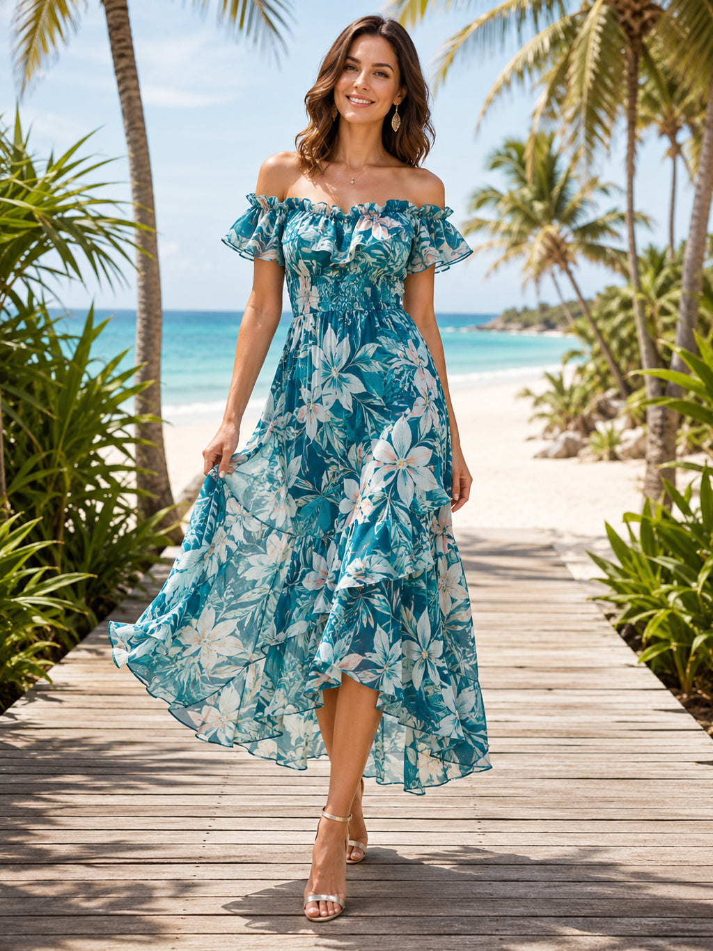 Turquoise Tropical Beach Wedding Guest Dress A-Line Chiffon Off Shoulder Short Sleeve Tea-Length Floral Ruffle front view