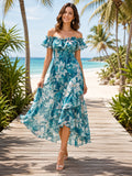 Turquoise Tropical Beach Wedding Guest Dress A-Line Chiffon Off Shoulder Short Sleeve Tea-Length Floral Ruffle front view