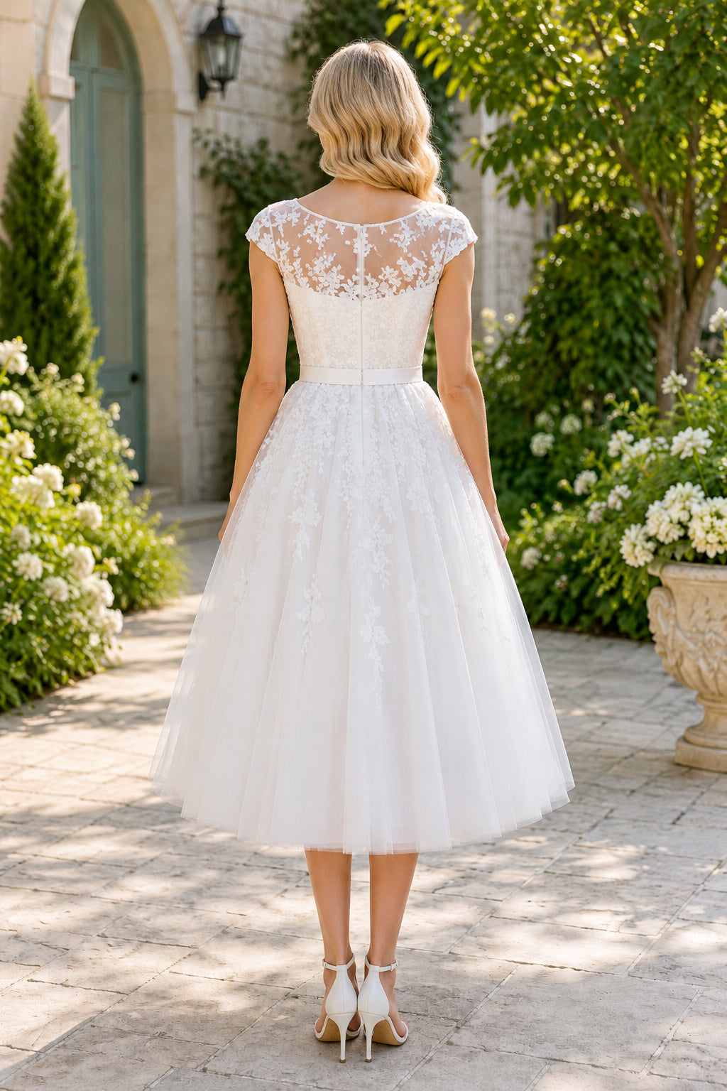 Ivory Tea-Length Lace Cap Sleeve A-Line Wedding Dress with Tulle Skirt back view