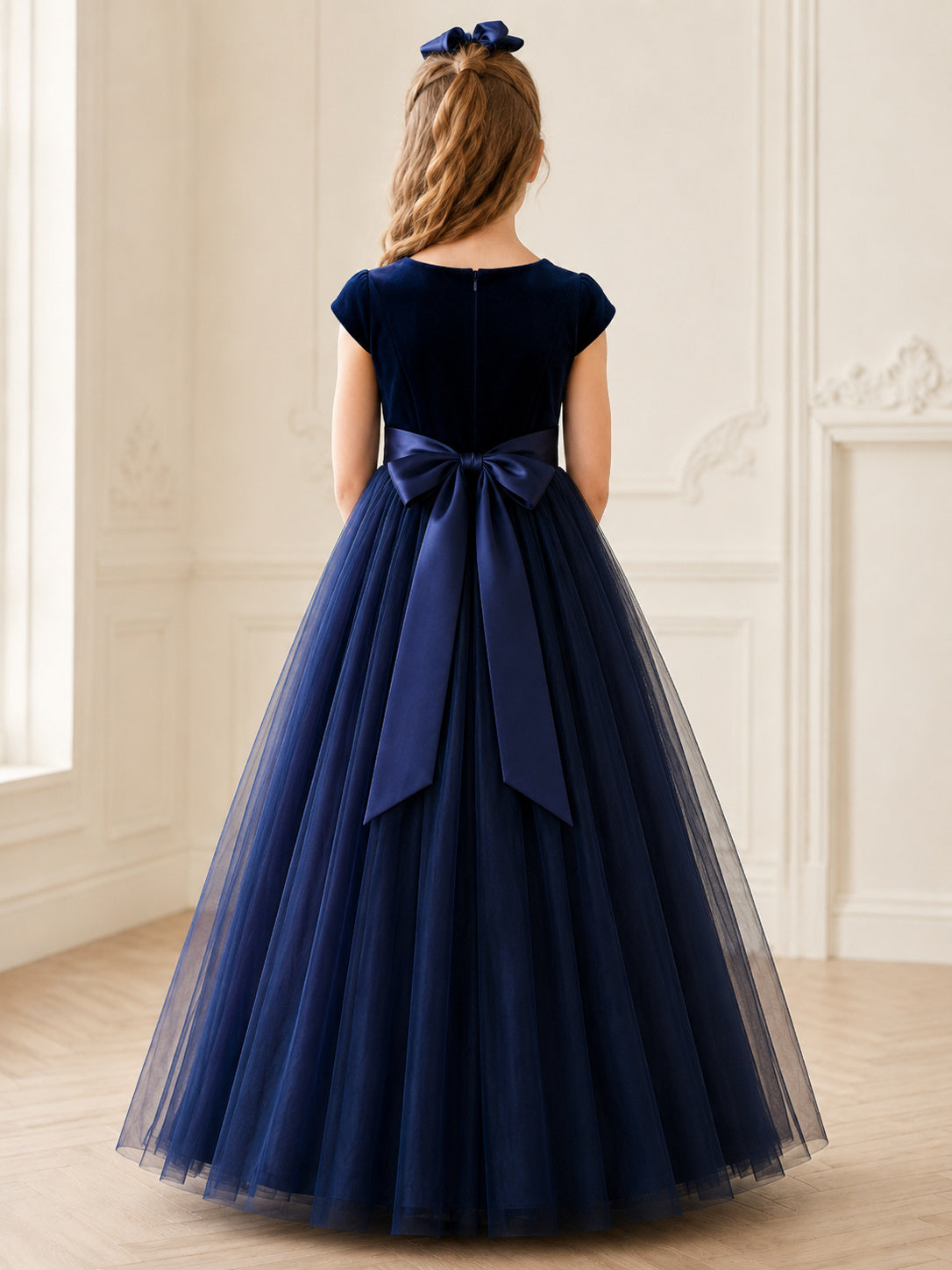 Navy Velvet Tulle A-Line Flower Girl Dress with Short Sleeves, Jewel Neck, Floor-Length Skirt and Bow Detail back view