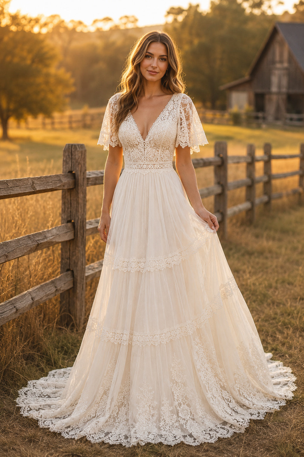 Ivory Flutter Sleeve Tiered Lace A-Line Boho Wedding Dress with V-Neck and Chapel Train front view