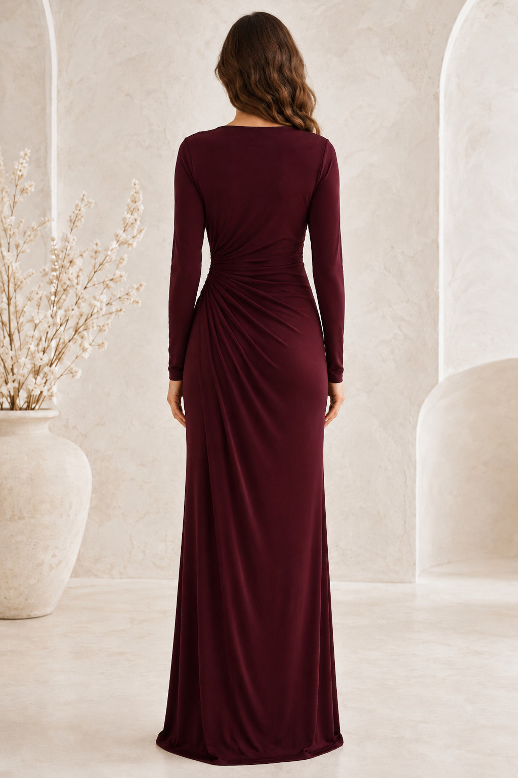 Evening Gown Burgundy Jersey Sheath Bateau Neck Long Sleeve Ruched Floor Length back view