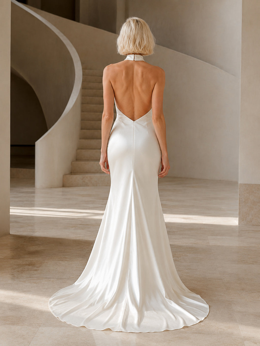 Minimalist Satin Wedding Dress Mermaid Halter Sleeveless Sweep Train Bridal Gown Style 722214 back view