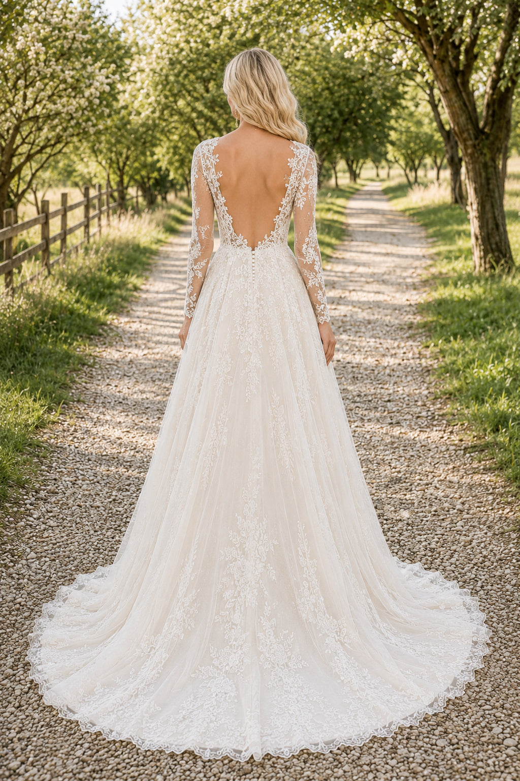 Long Sleeve Lace A-Line Wedding Dress with Sweetheart Bodice and Sweep Train for Rustic Garden Ceremony back view