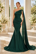 Dark Green One-Shoulder Jersey Mermaid Evening Dress with Watteau Chiffon Drape front view
