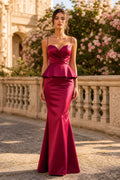 Fuchsia Strapless Floor-Length Satin Peplum Mermaid Dress