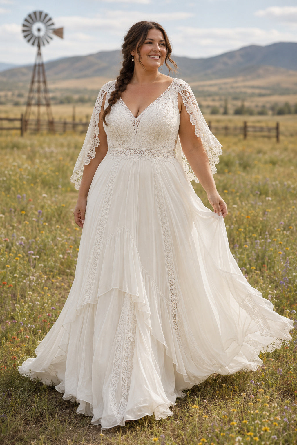 Plus Size Ivory V-Neck Flutter Sleeve Lace Tulle A-Line Wedding Dress with Flutter Sleeves and Soft Chiffon Skirt front view