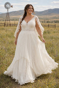 Plus Size Ivory V-Neck Flutter Sleeve Lace Tulle A-Line Wedding Dress with Flutter Sleeves and Soft Chiffon Skirt front view