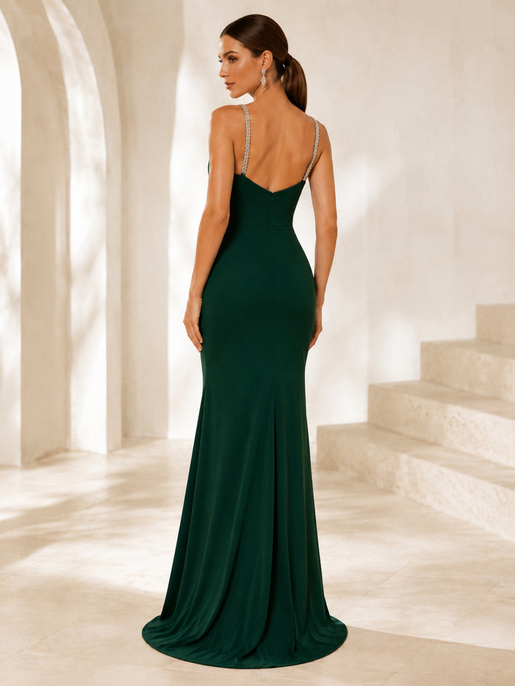 Dark Green Spaghetti Crystal Strap Slit Gown back view