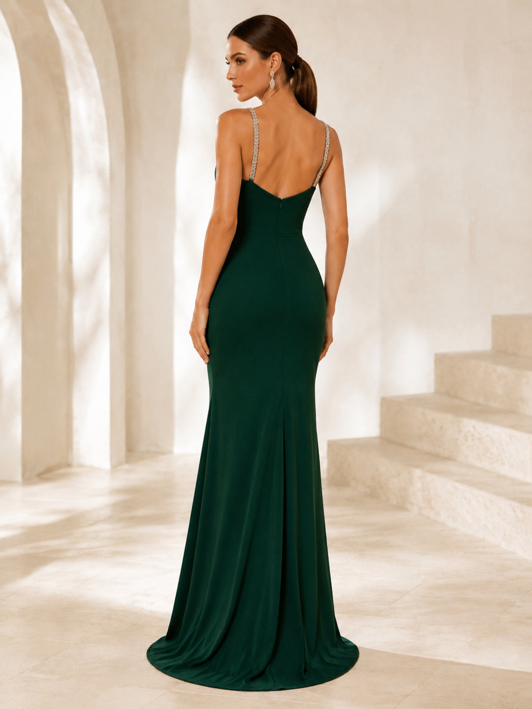 Dark Green Spaghetti Crystal Strap Slit Gown back view