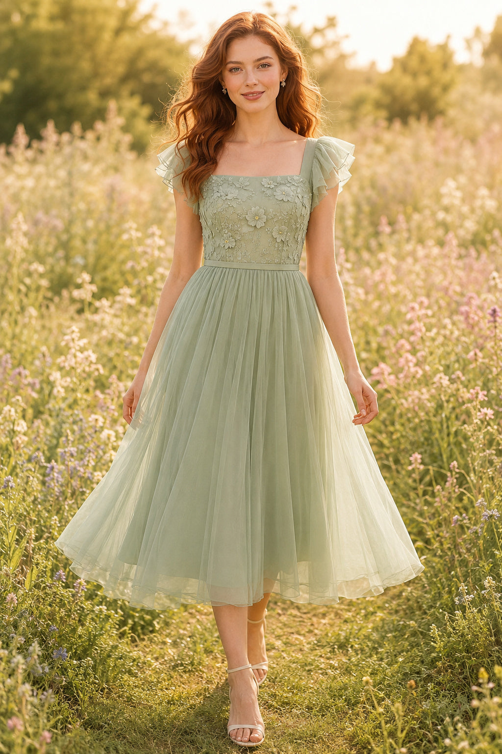 Sage Square Neck Tea-Length Tulle Dress with Flutter Sleeves front view