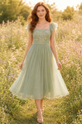 Sage Square Neck Tea-Length Tulle Dress with Flutter Sleeves front view